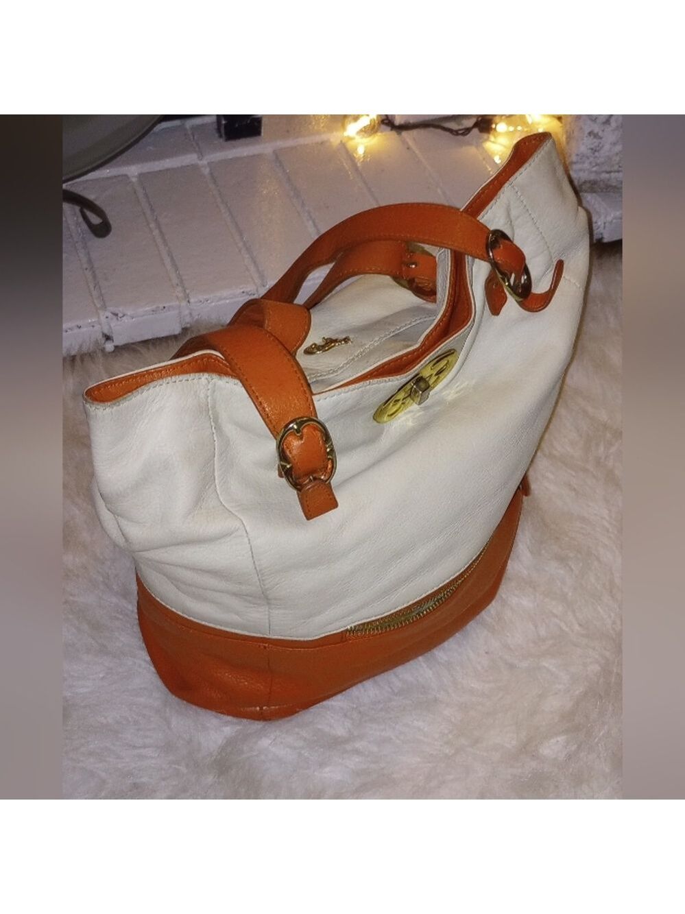 Emma Fox Colorblock Shoulder Bag. Goldtone Hardware. Double Sided. Logo. Orange. - Picture 12 of 13